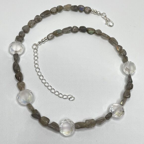Natural Labradorite Chip White AB Froster Glass Beaded Necklace Boho Statement - Picture 3 of 8